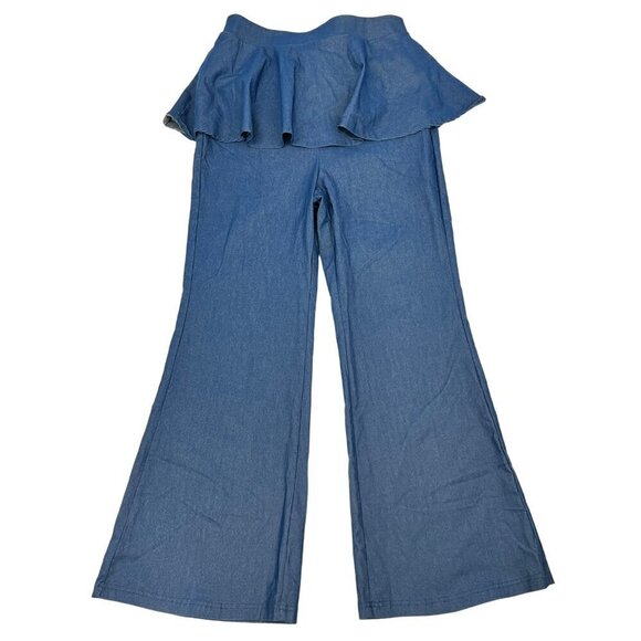 Shein Mod Flare Leg Peplum Pull On Pants Blue Bow Back Size Large New - Picture 1 of 10